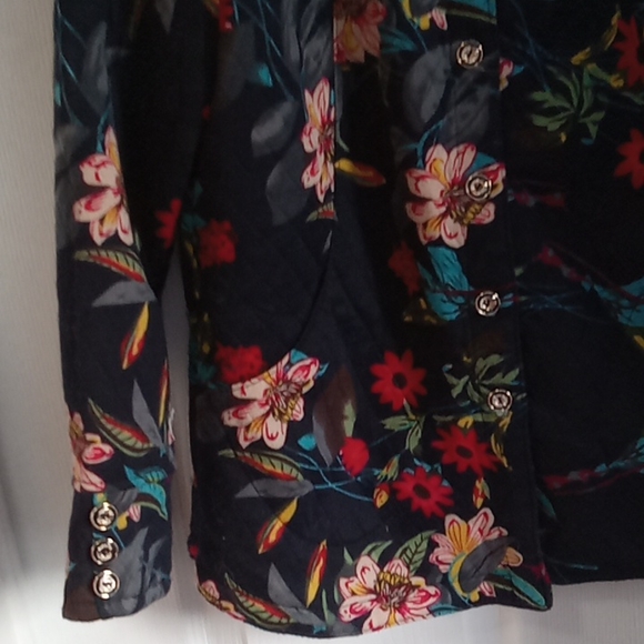 Women's Floral Print Light Jacket Size XL Black Coat w/ Gold Buttons - Picture 7 of 15